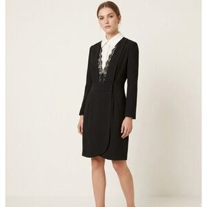 NWT Aijek Tuxedo Dress Black Cream Size 3 Removable Collar Lace Long Sleeves